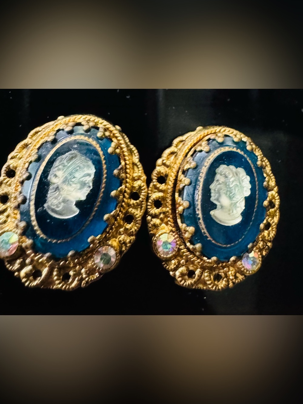 Gold-Tone Blue Cameo Statement Earrings